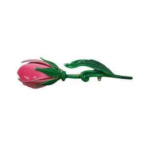 Vintage Pink Rose Enamel Flower Brooch Pin With Green Stem & Leaf Design